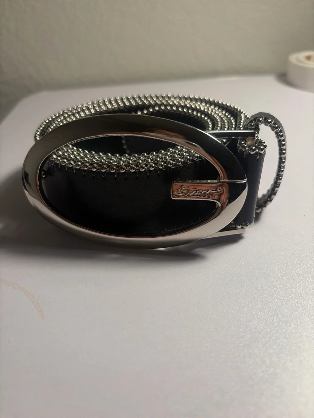 Guess Black synthetic Leather Belt with Silver Oval G Buckle